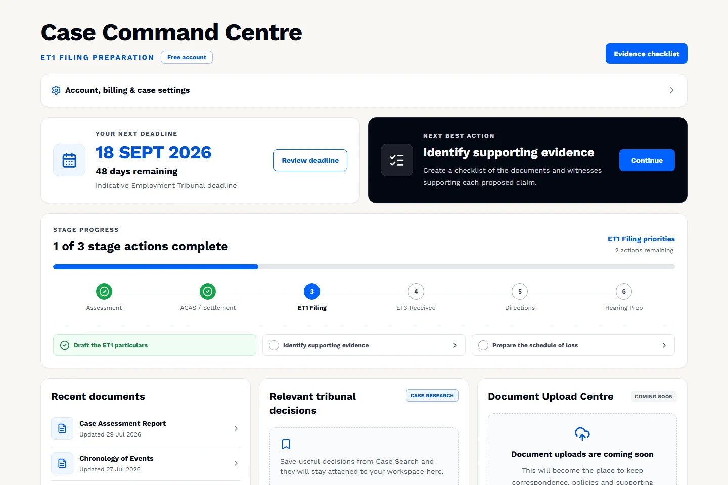 WorkDisputes Case Command Centre showing a deadline, next action and case progress